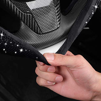Women Fashion Black Velvet Bling Steering Wheel Cover with Black Diamonds, 15 inch Standard Glitter Rhinestone Car Wheel Cover Sparkling, Full Covered