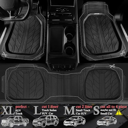 CAR PASS Leather Rubber Steering Wheel Cover 14 1/2” -15”,Tire Tread Pattern Design,Non-Slip Wear-Resistant, Heavy Duty Deep-Dish Car Floor Mats, Trim-to-Fit Car Mat,Fit for Steering Wheel Black - color: All Black Combo Set 38