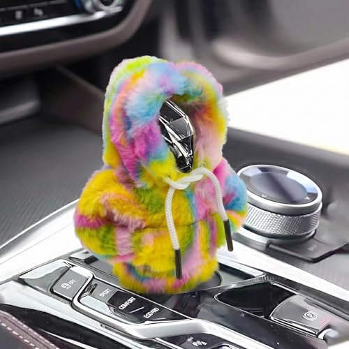 Universal Plush Hoodie Car Shift Knob Cover, Cozy Gear Shift Cover for Manual and Automatic Vehicles, Fun Car Interior Decor Accessories (Candy Rainbow) - color: Candy Rainbow