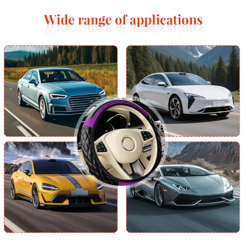 Car Accessories Set, 14.5-15" Leather Vehicle Steering Wheel Cover, Seat Belt Cushion, Gear Shift and Handbrake Cover, Center Console Protector, Universal for Truck SUV Van (Purple) - color: Purple