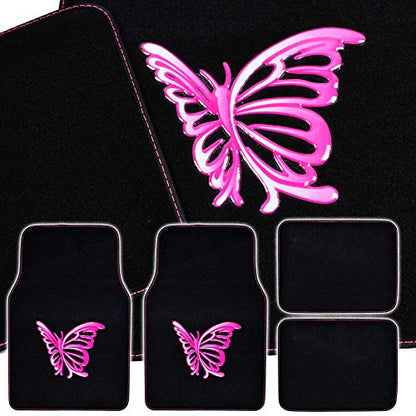 BDK Pink Butterfly Design Carpet Car Floor Mats for Auto Van Truck SUV-4 Pieces Front & Rear Full Set with Rubber Backing-Universal Fit - color: Pink Butterfly Design