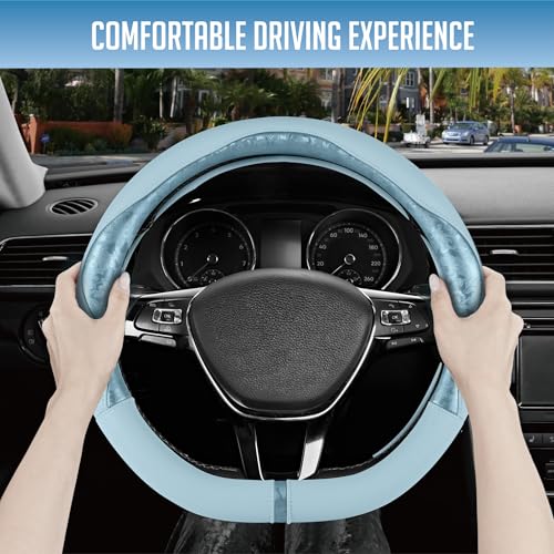 PIC AUTO Steering Wheel Cover, Light Blue Patterned Leather Patchwork Design, Universal Fit 14.5"–15.5" D-Shape Steering Cover, Soft PU Grain Leather, Durable Grip Car Accessory for Girls & Women - color: Fits D-Shape Light Blue