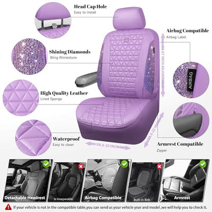 CAR PASS Light Purple Bling Diamond Leather Car Seat Covers Full Sets, Waterproof Shining Glitter Sparkly Crystal Universal Armrest Fit for Automotive Truck SUV Cute Women Girl,Lavender Rhinestone - color: Purple Rhinestone Lavender, size: Full Set