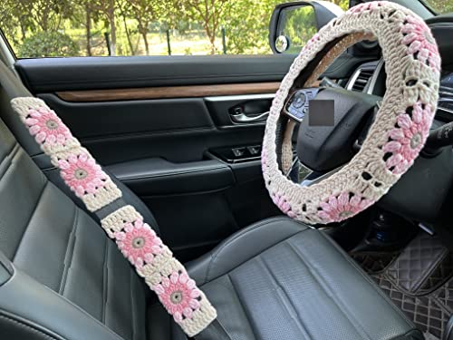 Crochet Sunflower Car Steering Wheel Covers Light Pink Universal 14-15 inch for Women/Men (Steering Wheel Cover+2 Belt Cover) - color: Steering Wheel Cover+2 Belt Cover