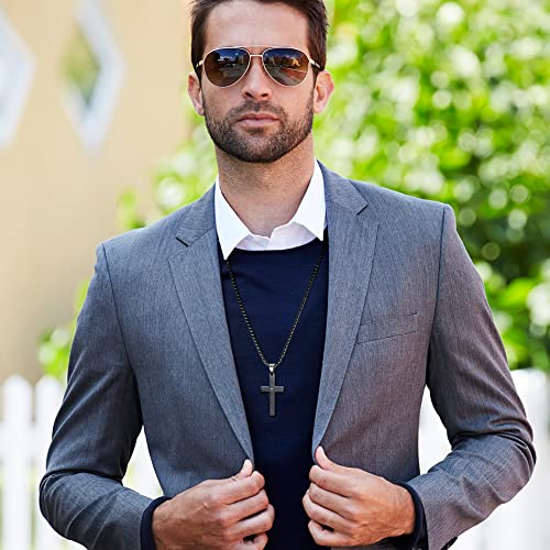 Pendant Cross for Car Rear View Mirror Necklace for Men Charm Car Mirror Hanging Accessories Ornament Stainless Steel Lord's Prayer Cross Necklace With Bible Verse (Black)
