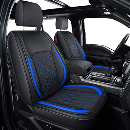 LUCKYMAN CLUB F150 Front-only Seat Covers J03-Q3 with Waterproof Faux Leather, Fit 2015-2025 Ford F150 and 2017-2025 F250 F350 F450 (Front only, Black-Blue) - color: Black&Blue, size: Front Pair