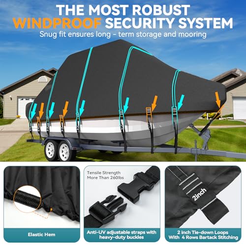 Trailerable T-Top Boat Cover Ture 1200D Solution Dyed Hard Top/T Top Boat Cover with 19 Windproof Straps, Motor Cover Fit 19'-21' Long Beam Width Up to 106" Center Console Boat with T Top Roof