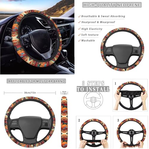 Wanyint Car Seat Cover Full Set 14 Pack, with Steering Wheel Seat Belt Rear View Mirror Center Console Trash Can Coaster Gear Shift Knob Cover Set Universal Fit, Aztec Navajo Horse Orange - color: Aztec Navajo Horse Orange
