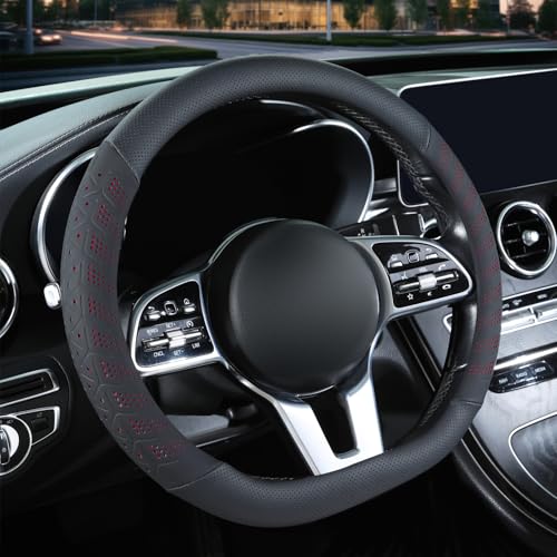 3D Premium Skin-Feel Leather D Shaped Car Steering Wheel Cover, Anti-Slip Breathable Soft Slim Design, Universal 15 inch, Black with Red - color: Black with Red, size: D Type-Medium[14.5''-15'']