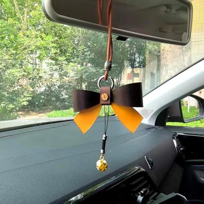 Oil Wax Testure Leather Bow Bag Charm, Bow Cute Car Rear View Mirror Hanging Ornament. Accessories Pendant Ornaments with Gold Bell, for Women,Man,Driver. (Black&Yellow)