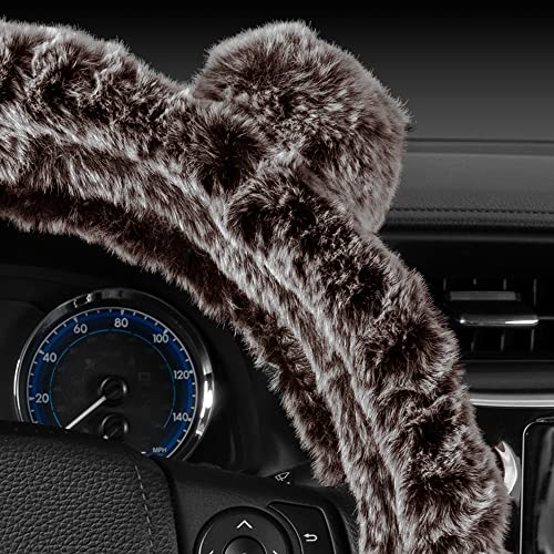BDK Bear Fur Steering Wheel Cover, Plush Faux Fur Fuzzy Steering Cover for Car Truck Van SUV, Standard Size Fits Wheels 14.5-15 in Diameter, Brown with Ears - color: #13 Brown with Ears, size: Fits 14.5 - 15" SW