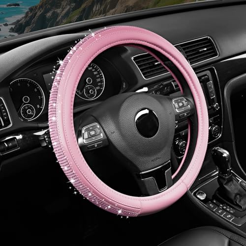 Road Comforts Bling Steering Wheel Cover – Pink Diamond Design, Universal Fit 14.5-15 Inch, Microfiber Leather, Anti-Slip & Breathable Design for Men and Women - color: Pink & Pink