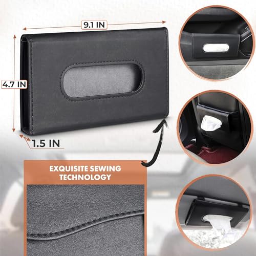 9.1 × 4.7 x 1.5 Car Tissue Holder — PU Leather Sun Visor Tissue Holder for Car with Ergonomic Take-Out Port, Universal Fit — Refillable Napkin Storage with Metal Clip Mount, Quick Install in Seconds