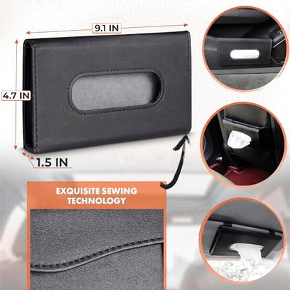 9.1 × 4.7 x 1.5 Car Tissue Holder — PU Leather Sun Visor Tissue Holder for Car with Ergonomic Take-Out Port, Universal Fit — Refillable Napkin Storage with Metal Clip Mount, Quick Install in Seconds
