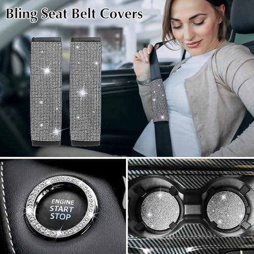 ARTILAURA 11 PCS Bling Car Accessories Set for Women Steering Wheel Covers Butterfly Hanging Seat Belt Cover Cute Air Vent Clips Coasters Glitter Diamond AUTO Interior kit (White) - color: White
