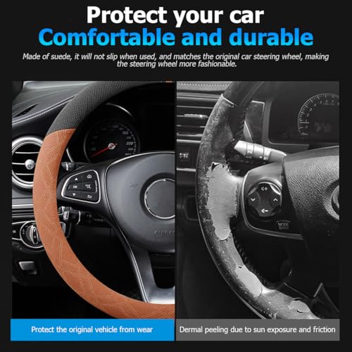 Car Steering Wheel Cover, Suede Non-Slip Breathable Vehicle Protector with Silicone Inner Ring, Automotive Interior Protection Guard Accessories, Universal for SUV, Sedan, Truck (Black/Orange)