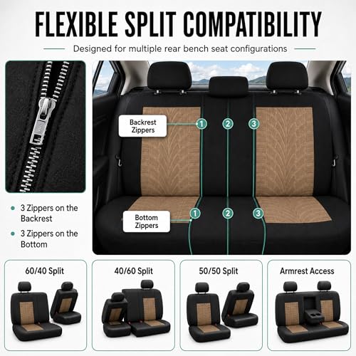 FH Group Car Seat Covers Full Set Premium Cloth - Universal Fit, Automotive, Low Back Front Washable Seat Covers, Airbag Compatible, Split Bench Rear Seat for SUV, Sedan Beige - color: Beige, style: Full Set
