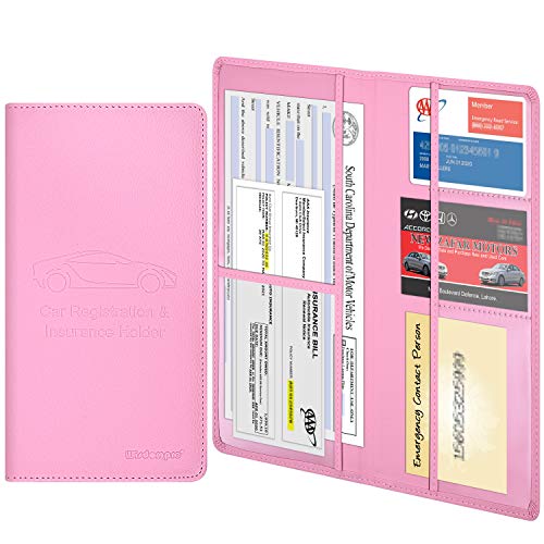 Wisdompro Car Document Holder Organiser, PU Leather Vehicle Insurance and Registration Holders Wallet Case for ID Card, Driving Licence, Key Contact Information Cards - color: Pink