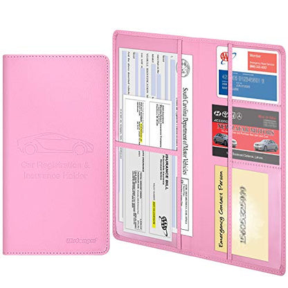 Wisdompro Car Document Holder Organiser, PU Leather Vehicle Insurance and Registration Holders Wallet Case for ID Card, Driving Licence, Key Contact Information Cards - color: Pink