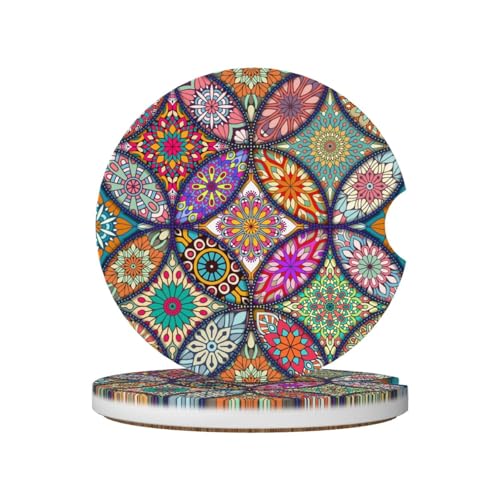 Boho Modern Art Car Coasters for Cup Holders,2 Pack Car Cup Holder Coasters for Car,Ceramic Absorbent Car Coaster with A Finger Notch and Cork Base,Car Interior Accessories for Women Men - color: Boho Modern Art