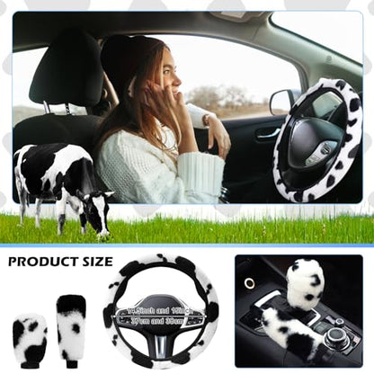 SuperKaKa 3PCS Furry Cow Print Steering Wheel Cover,Auto Plush Cute Cows Shift Gear & Hand Brake Covers Soft Warm Universal Car Interior Accessories for Women Men(Black) - color: Black