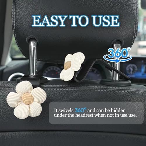 4PCS Car Seat Headrest Hook, Cute Flower Car Seat Back Hanging Hook, Auto Seat Purse Hanger Organizer for Handbag Clothes Coat Grocery Bag, Universal Interior Car Accessories (White)