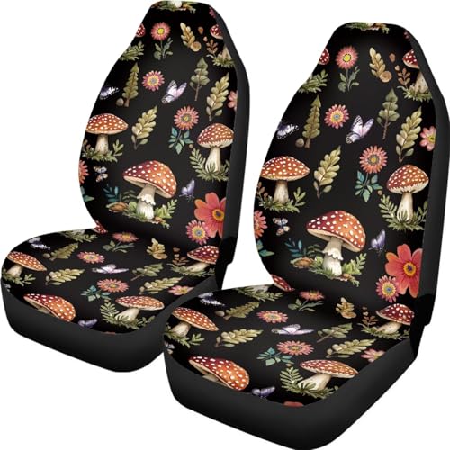 Mushroom Flower Butterfly Print Car Front Seat Covers 2 Pack Universal Auto Seat Protector for Cars Front Seats, Car Interior Decorative Accessories - color: Black - Mushroom Flower Butterfly