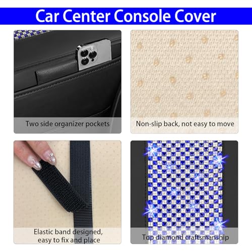 NBTEPEM Bling Car Armrest Cover, Universal Microfiber Leather Center Console Cover with 2 Pockets, Rhinestone Car Armrest Cushion Protector, Bling Accessories Interior for Most Vehicles (Blue Diamond)