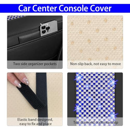 NBTEPEM Bling Car Armrest Cover, Universal Microfiber Leather Center Console Cover with 2 Pockets, Rhinestone Car Armrest Cushion Protector, Bling Accessories Interior for Most Vehicles (Blue Diamond)
