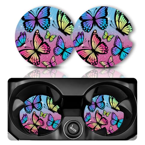 Yonlevres Car Coasters for Cup Holders，2.75" Anti Slip Rubber Mat with A Finger Notch, 2 Pack Car Cup Holder Coasters for Car Interior Accessories for Women Men Butterfly - color: Colorful Butterfly
