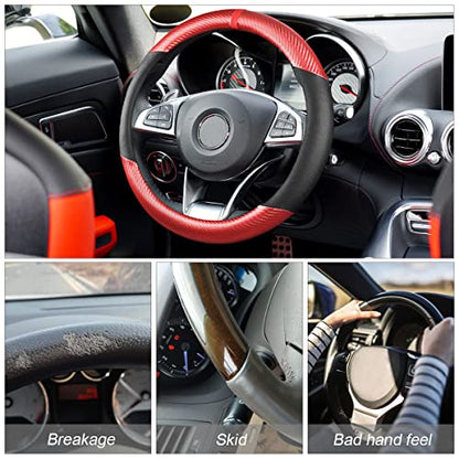 Moly Magnolia Steering Wheel Cover, Carbon Fiber Breathable Microfiber Leather with Non-Slip Lining, Cool in Summer Warm in Winter for Men Women, Universal 15 Inch for Most Cars (Carbon Fiber Red) - color: Carbon Fiber Red