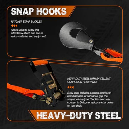 2'' x 96'' Car Trailer Tie Down Straps with Snap Hook for Trailers Heavy Duty, 10,000 lbs Break Strength, 4-Pack Steel Ratchet, 4 Adjustable Car Hauler Straps, 4 Axle Straps - color: Orange