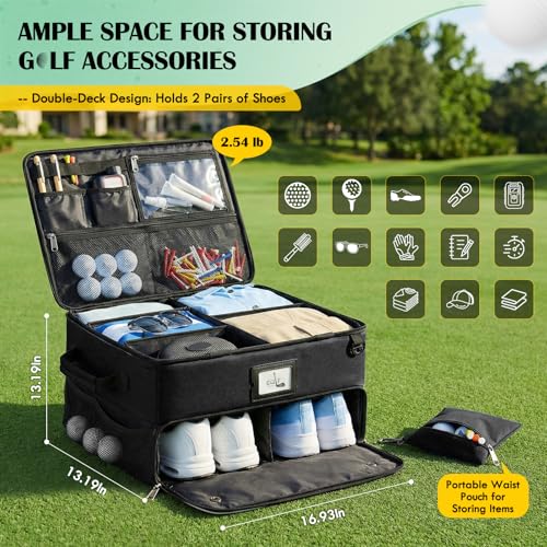 RAINSMORE Golf Trunk Organizer Golf Bag Organizers Golf Shoe Bag with Separate Ventilated Compartment for 2 Pair Shoes Golf Accessories for Balls, Gloves, Clothes - color: Black