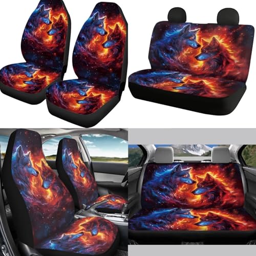 Galaxy Animal Wolf Car Rear Bench Protective Seat Car Seat Covers Full Set 12 Pcs Auto Interior Accessories Steering Wheel Cover Car Seat Covers Headrest Covers Universal Fit - color: Galaxy Animal Wolf