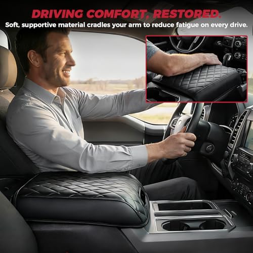 FREESOO Center Console Armrest Cover for Ford F150 2015-2020, Compatible with 2017-2022 F250 F350 F450 F550, 2018-2024 Expedition, PU Leather Cushion Thick Pad, Black (Bucket Seat Only)