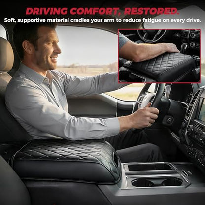 FREESOO Center Console Armrest Cover for Ford F150 2015-2020, Compatible with 2017-2022 F250 F350 F450 F550, 2018-2024 Expedition, PU Leather Cushion Thick Pad, Black (Bucket Seat Only)
