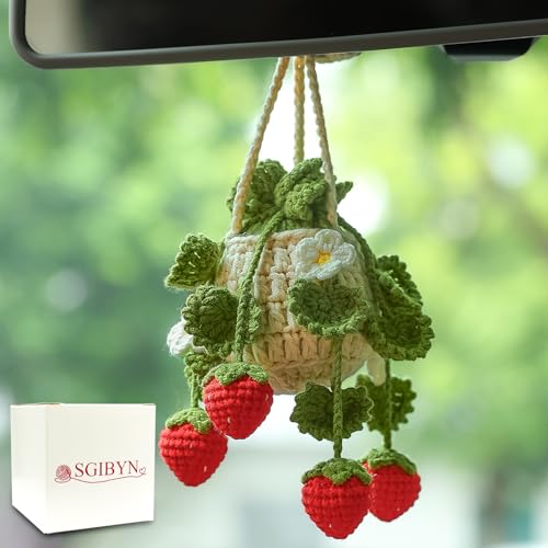Crochet Hanging Plant for Car,Car Decorations Interior,Plant Strawberry Aesthetic Car Accessories for Women Interior Cute,Car Ornaments Charms for Rear View Mirror,Boho Car Decoration - color: Olive Green Leaves Strawberry
