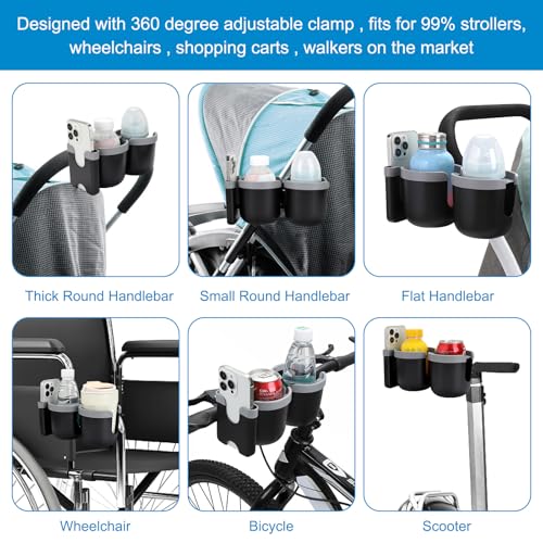Accmor Stroller Cup Holder with Phone Holder, Bike Cup Holder, Universal Cup Holder for Uppababy Nuna Doona Strollers, 2-in-1 Cup Holder for Walker, Wheelchair, Scooter - color: Double Holder-Grey