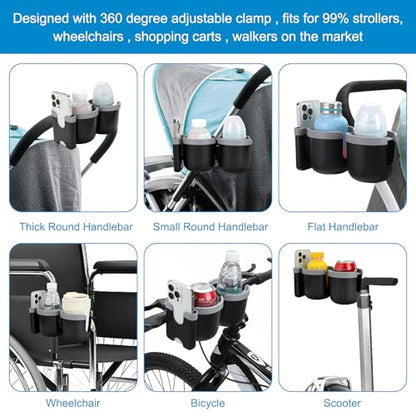 Accmor Stroller Cup Holder with Phone Holder, Bike Cup Holder, Universal Cup Holder for Uppababy Nuna Doona Strollers, 2-in-1 Cup Holder for Walker, Wheelchair, Scooter - color: Double Holder-Grey