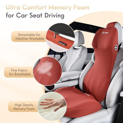 Memory Foam Car Seat Cushion with Lumbar Support Headrest Pillow 2-in-1 Ergonomic Back Support and Neck Pillow Car Cushion for Driving Seat Back Rest Pillow Pressure Sciatica Pain Relief, Red