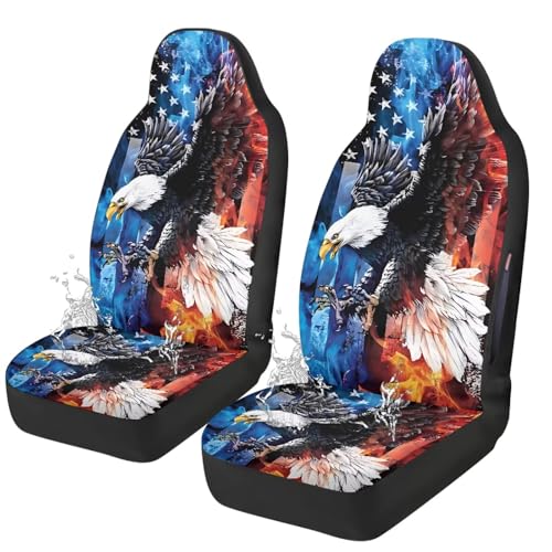 Eagle American Flag Printed 2 Pcs Car Front Seat Cover Waterproof, Non Slip Car Seat Cushion Protector Compatible with Airbag, Universal Fits for Most Auto SUV Truck Sedan - color: Blue and Red - Eagle American Flag