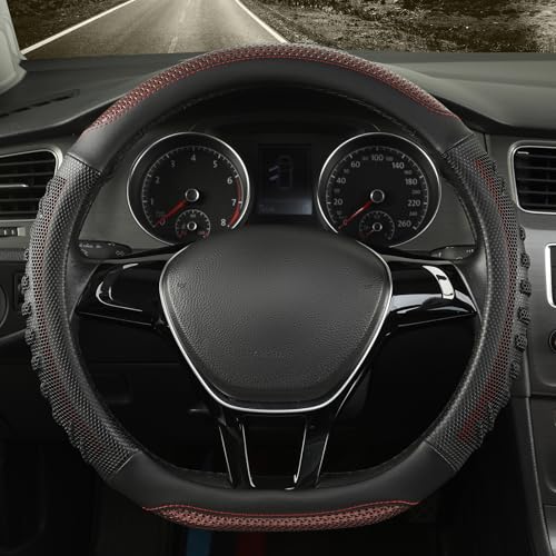 D Shaped Steering Wheel Cover Great Grip with 3D Honeycomb Hole, Anti-Slip Sporty Design, Small 13.5-14 inch(Black with Burgundy) - color: Black with Burgundy, size: D Shaped-Small[13.5''-14'']