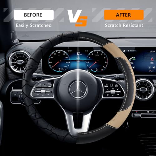 Leather Car Steering Wheel Cover, Non-Slip Car Wheel Cover Protector Breathable Microfiber Leather Universal Fit for Most Cars(Beige) - color: Beige