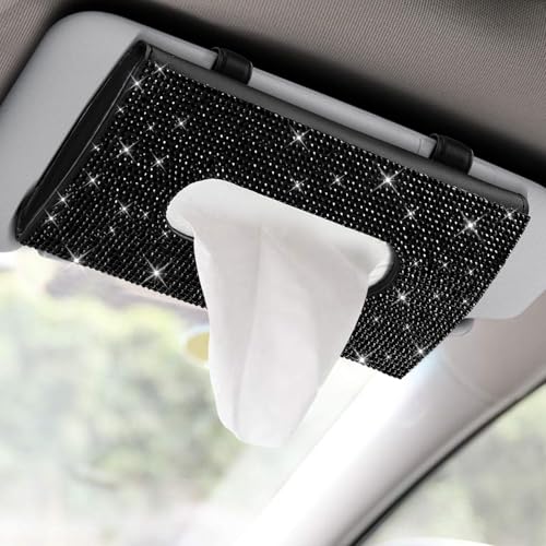 Bling Car Sun Visor Tissue Box Holder, Visor Accessories, Rhinestone PU Leather Crystal Sparkling Napkin Holder, Auto Sun Visor Paper Towel Cover Case Accessories for Most Cars (Black) - color: Black