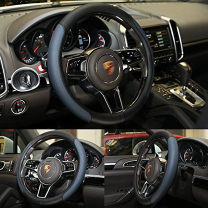 Steering Wheel Cover, Microfiber Leather Splicing with Classic Embossing,Contrasting Colors Anti-Slip Breathable Auto Car Steering Wheel Cover Fit 15 Inch Car Wheel Protector (Black&Blue) - color: Black&Blue