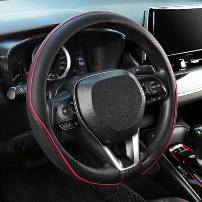 SEG Direct Steering Wheel Cover 14.5-15 inch (37-39 cm) Medium Size, Microfiber Leather, Non-Slip Comfortable Grip, Fits Cars Trucks SUVs, Black and Red - color: Black and Red, size: Standard size[14 1/2''-15'']