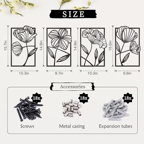 KOYILTD 4 Pcs Black Metal Wall Art Metal Flowers Wall Art Black Minimalist Line Art Wall Decor Room Decor Aesthetic Modern House Decor for Living Room Bedroom Bathroom Kitchen (Elegant)