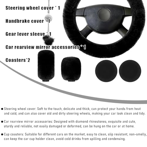 Yourkar 6 PCS Fluffy Steering Wheel Covers Set, 15 Inch Soft Steering Wheel Cover, Handbrake Cover & Gear Shift Cover & Cup Holder Coaster & Car Mirror Accessory, Car Accessories (Black) - color: Black