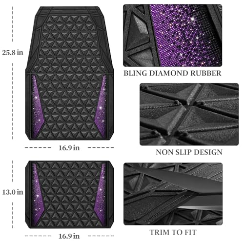 CAR PASS Bling Rubber Car Mats Diamond Floor Mats Full Set Anti-Slip 3D Rhombus Waterproof Universal Trim to Fit Liner Glitter Crystal Sparkly Shining Rhinestone Girl Women SUV Sedan Van, Black Purple - color: Purple Diamond