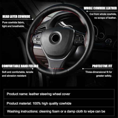 Genuine Leather Steering Wheel Cover, Stitch On Wrap for Steering Wheel up to Diameter 15 Inches, DIY Sewing Steering Wheel Protector, Car Accessories (Black, Glossy) - size: Glossy